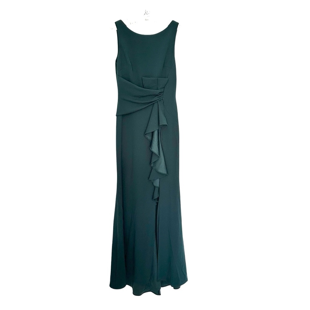 NEW BETSY & ADAM Christine‎ Scuba Crepe Ruffled Bow Gown Pine Sleeveless Size 8 - Picture 4 of 9